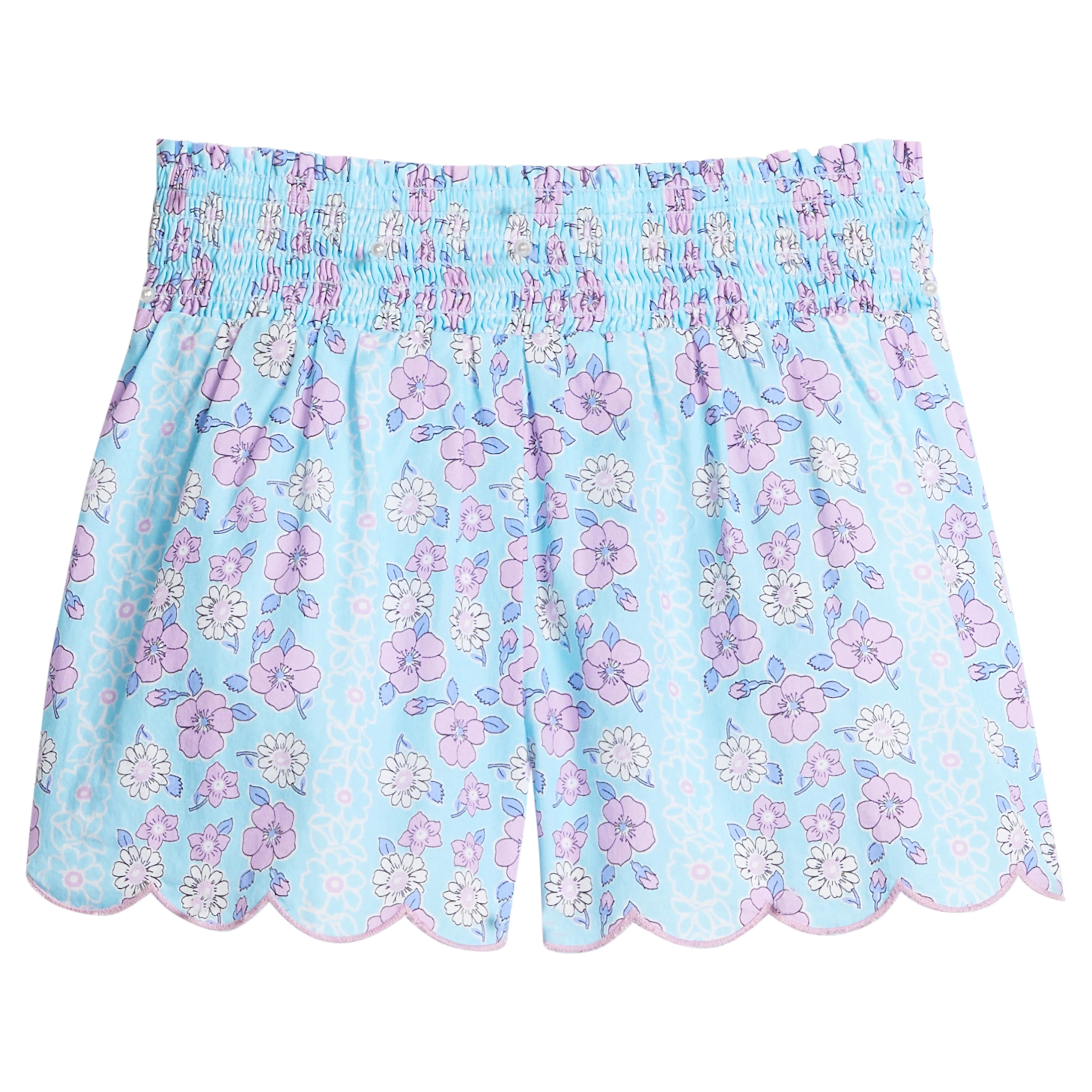Shirred Scalloped Shorts - Marguerite Floral Aqua