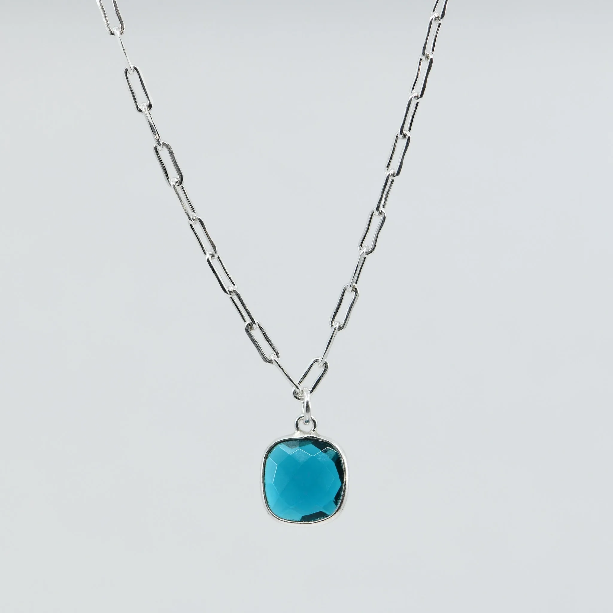 Silver Neon Apatite Square Necklace | Sterling Silver Paperclip Chain