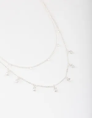 Silver Plated Dainty Cubic Zirconia Drop Layered Necklace