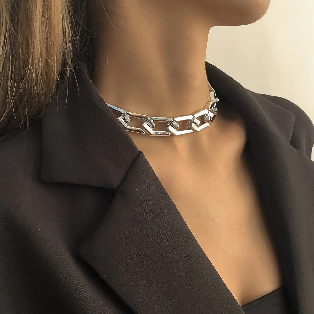 Silver-Plated Open Hexagon Choker Necklace