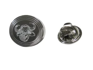 Silver Toned Etched Oval African Buffalo Head Lapel Pin