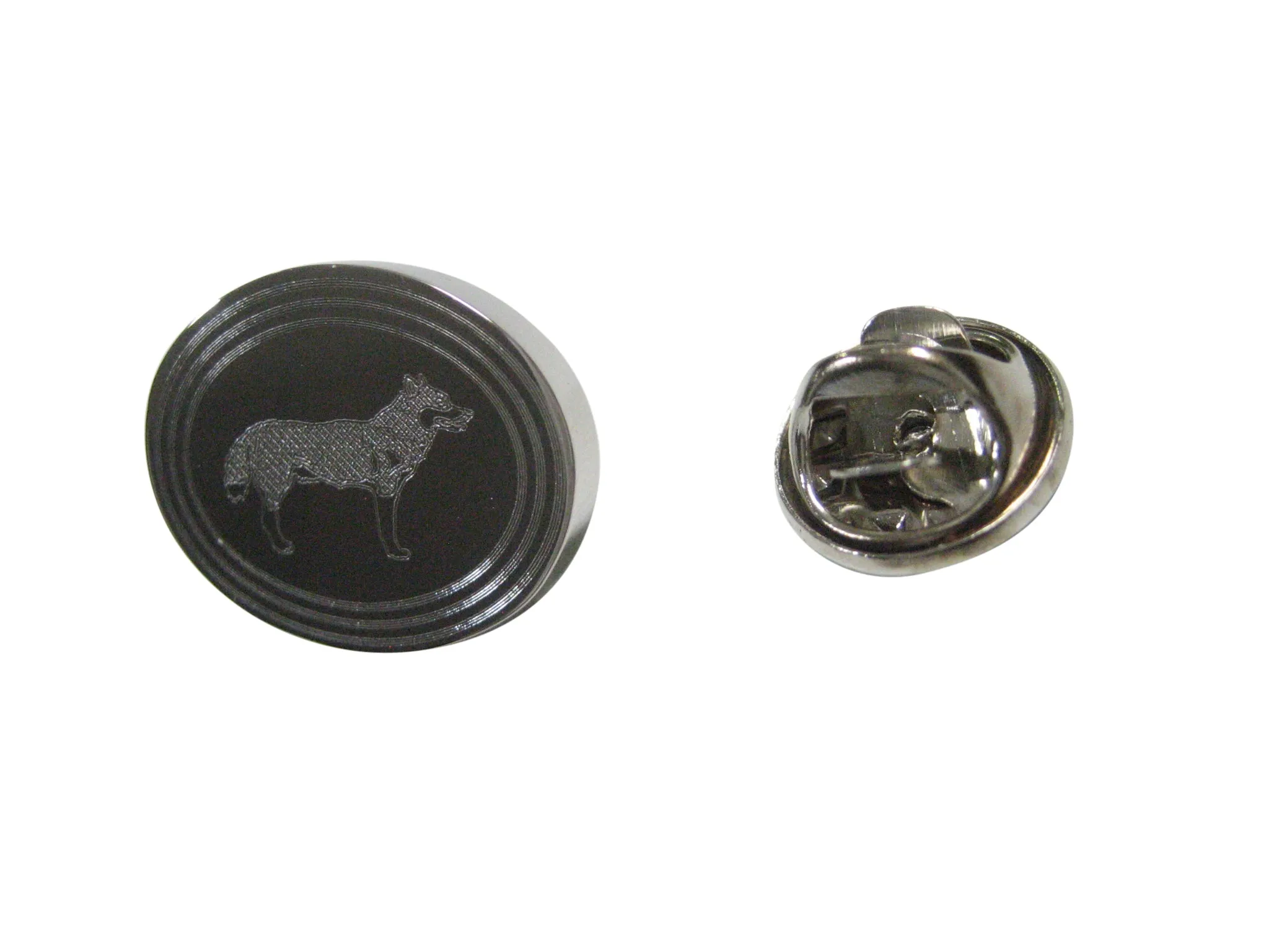Silver Toned Etched Oval Full Dog Lapel Pin