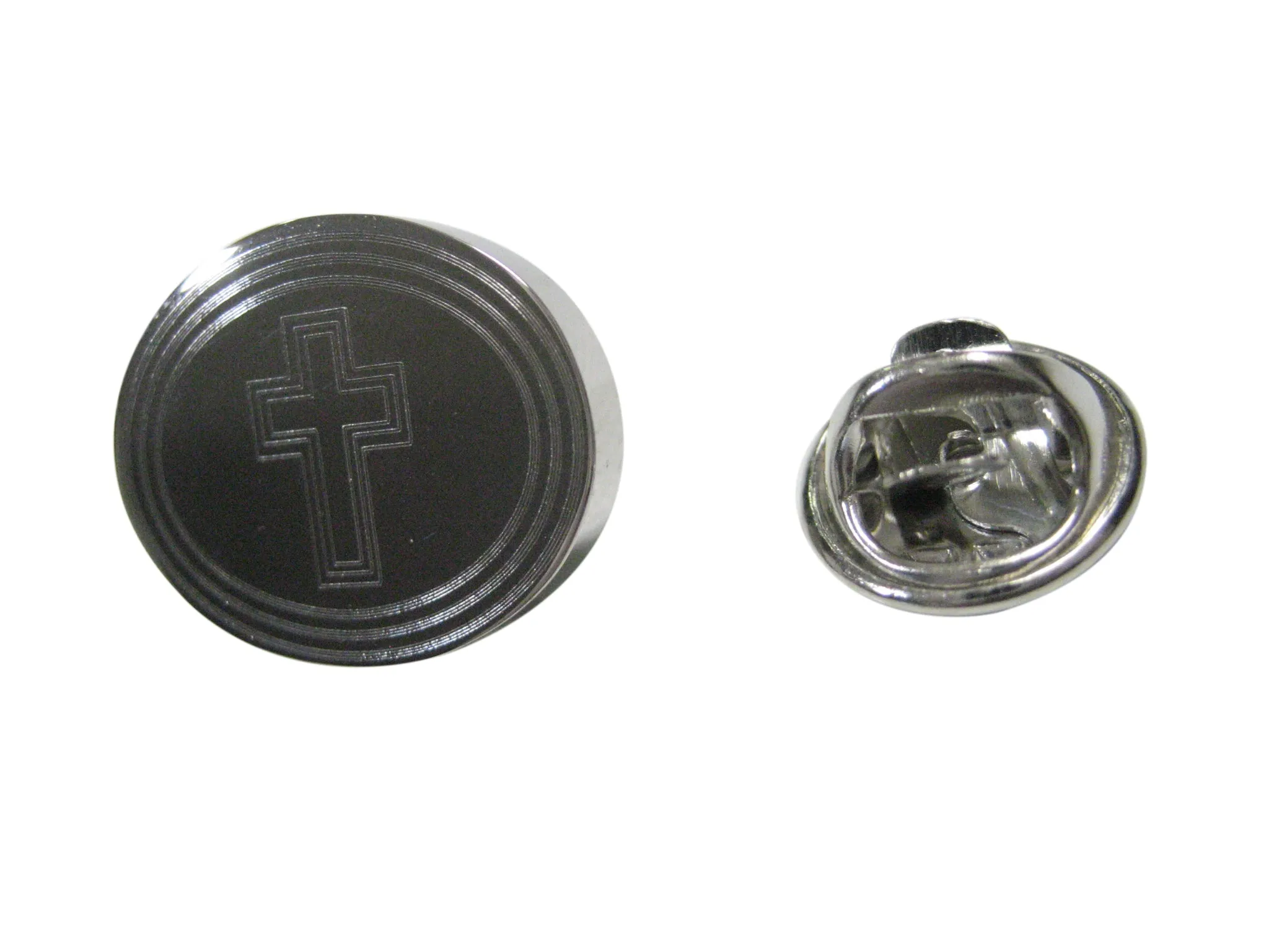 Silver Toned Etched Oval Triple Religious Cross Lapel Pin