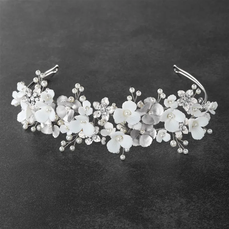Soft Ivory Resin Florals & Matte Silver Flowers Tiara