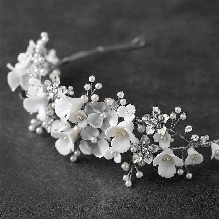 Soft Ivory Resin Florals & Matte Silver Flowers Tiara