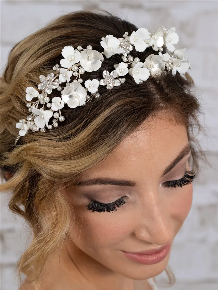 Soft Ivory Resin Florals & Matte Silver Flowers Tiara