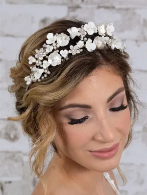 Soft Ivory Resin Florals & Matte Silver Flowers Tiara