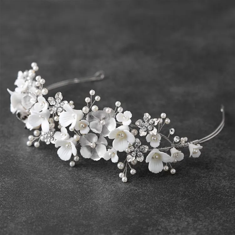 Soft Ivory Resin Florals & Matte Silver Flowers Tiara