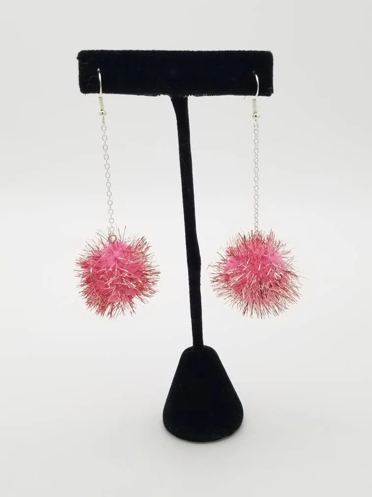 Sparkle Pom Pom Chain Drop Earrings