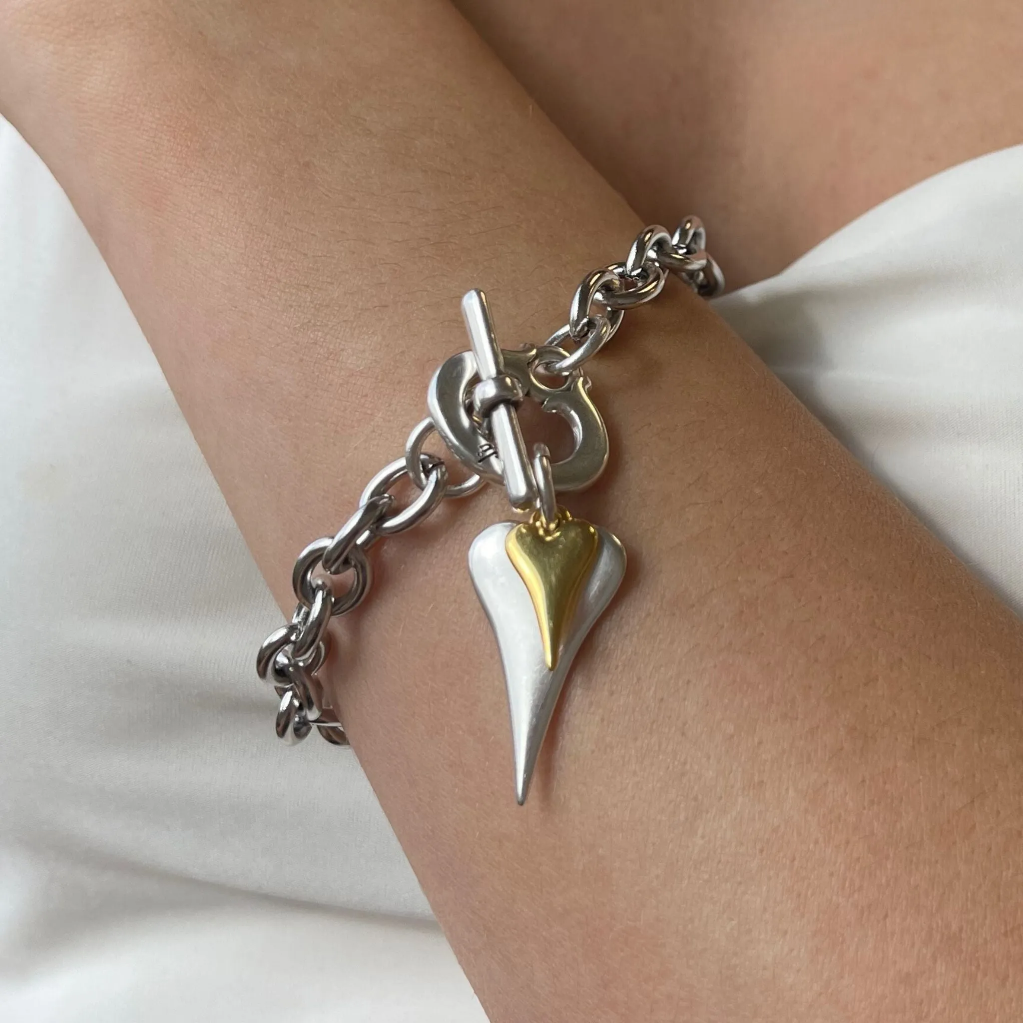 Standard and Mini Hourglass Heart T-Bar Bracelet, Silver and Gold
