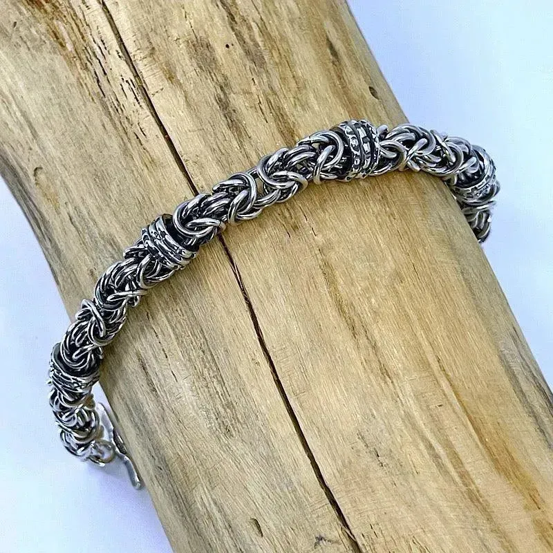 Sterling Silver Byzantine Chainmail Bracelet with Hand-stamped Spinners