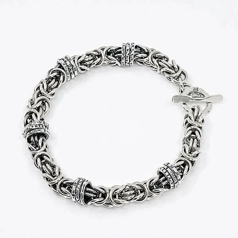 Sterling Silver Byzantine Chainmail Bracelet with Hand-stamped Spinners