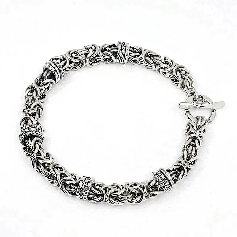 Sterling Silver Byzantine Chainmail Bracelet with Hand-stamped Spinners