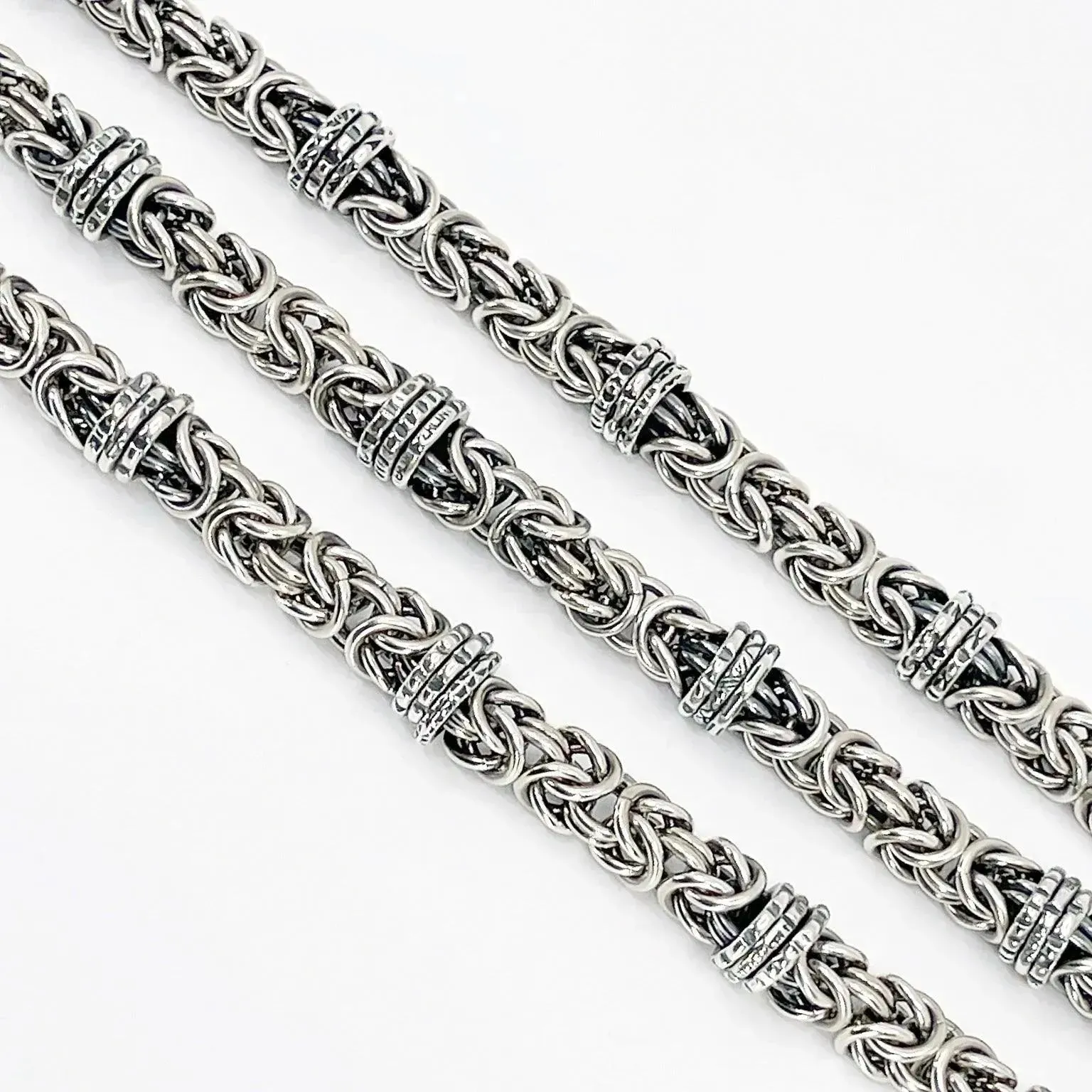 Sterling Silver Byzantine Chainmail Bracelet with Hand-stamped Spinners