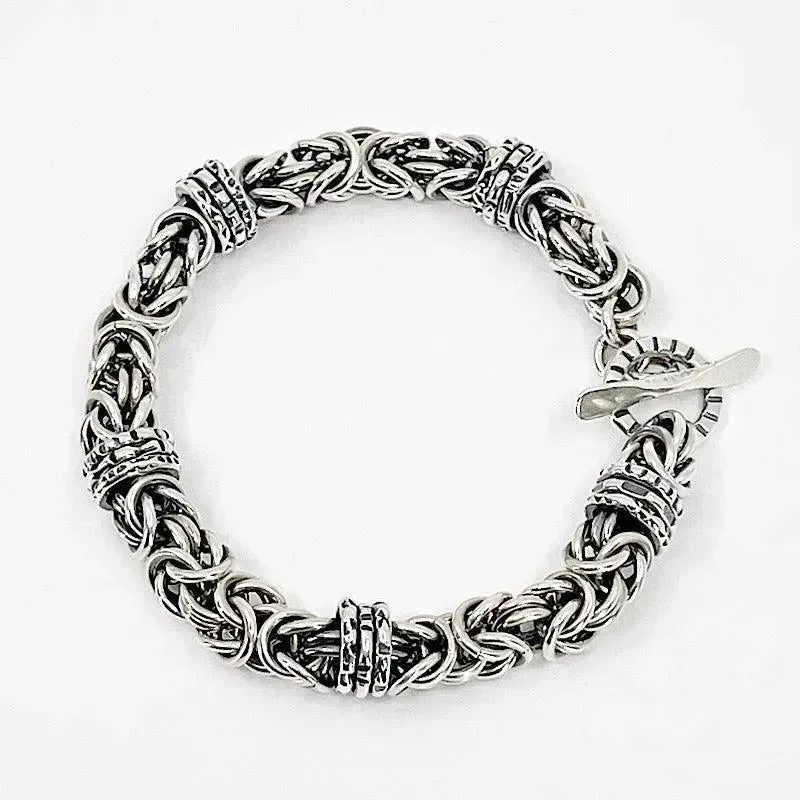 Sterling Silver Byzantine Chainmail Bracelet with Hand-stamped Spinners
