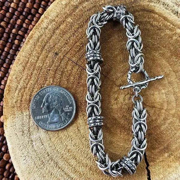Sterling Silver Byzantine Chainmail Bracelet with Hand-stamped Spinners