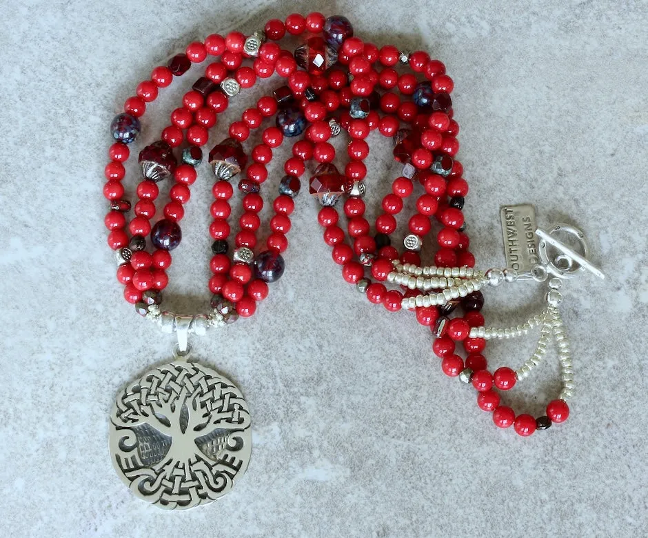 Sterling Silver Tree of Life Pendant with Coral Rounds, Czech Glass and Sterling