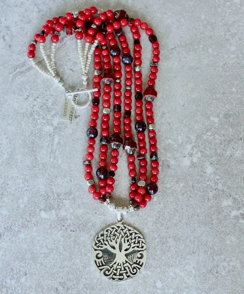 Sterling Silver Tree of Life Pendant with Coral Rounds, Czech Glass and Sterling
