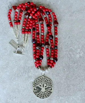 Sterling Silver Tree of Life Pendant with Coral Rounds, Czech Glass and Sterling