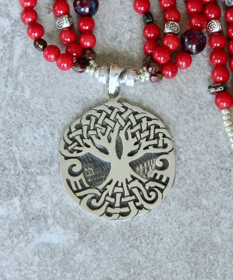 Sterling Silver Tree of Life Pendant with Coral Rounds, Czech Glass and Sterling
