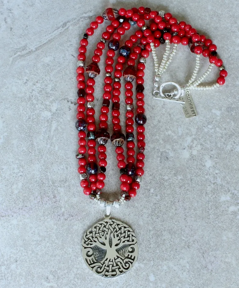 Sterling Silver Tree of Life Pendant with Coral Rounds, Czech Glass and Sterling