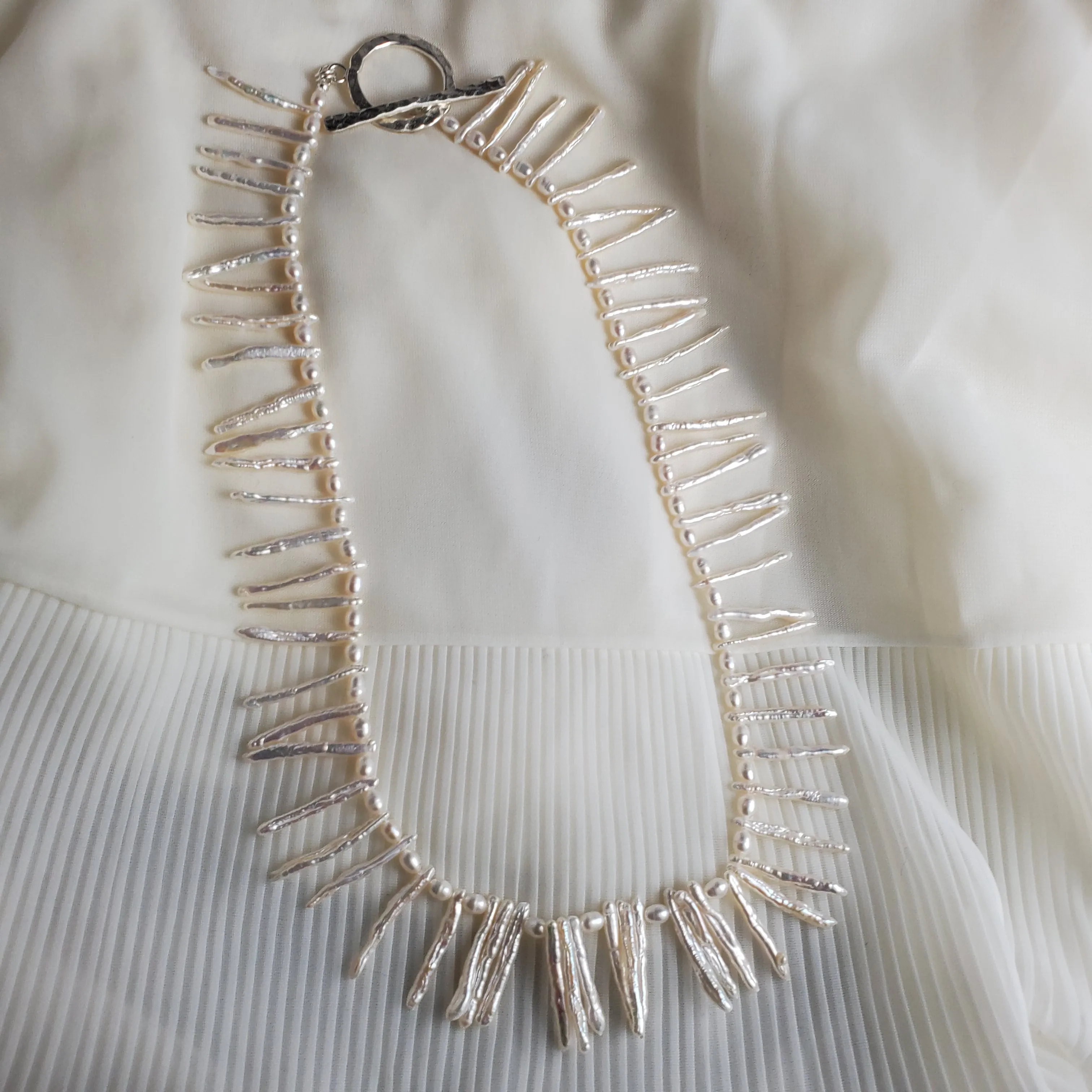 Stick Pearl Freshwater Pearl Necklace, Hand knotted Natural Pearls, Wedding Pearl Necklace.
