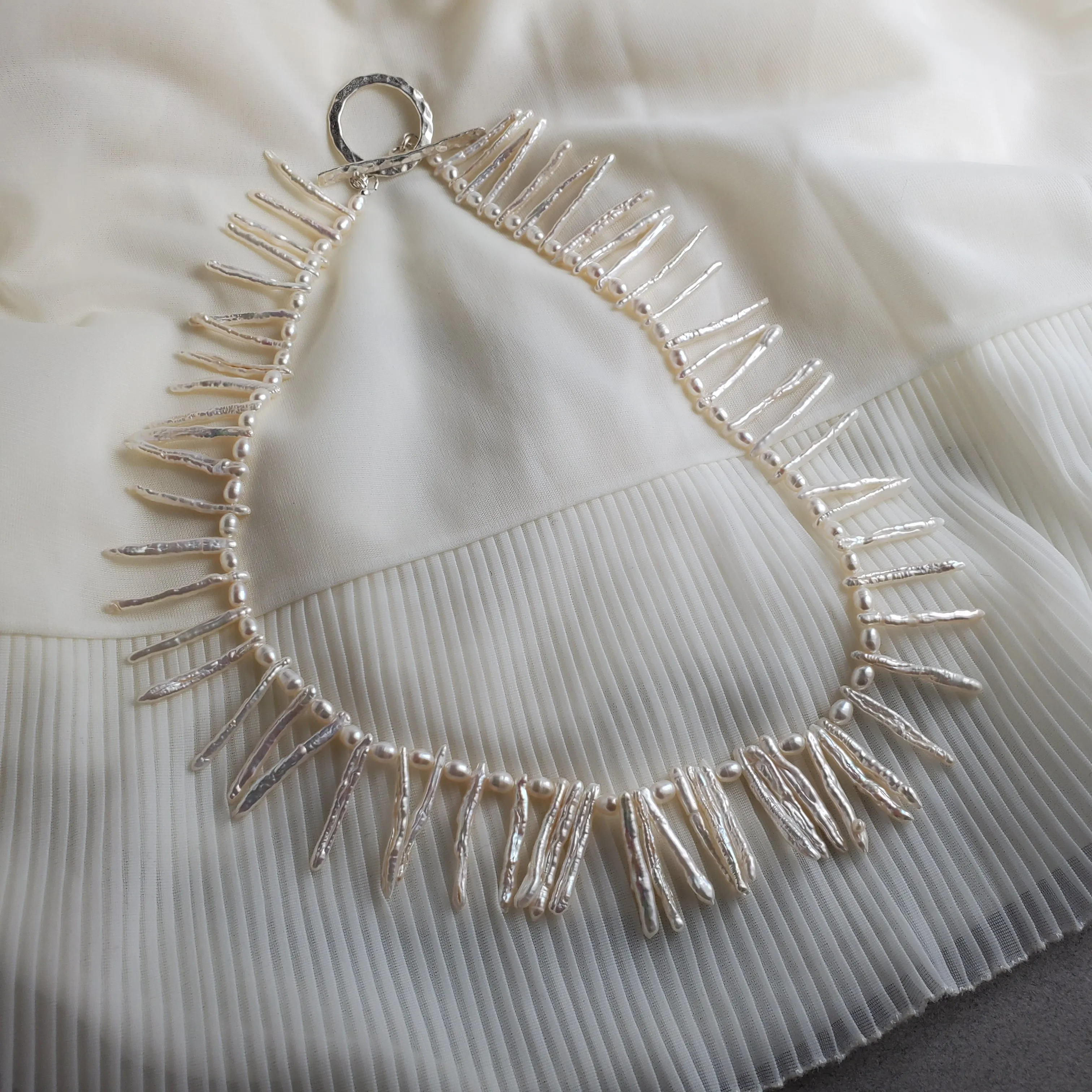 Stick Pearl Freshwater Pearl Necklace, Hand knotted Natural Pearls, Wedding Pearl Necklace.