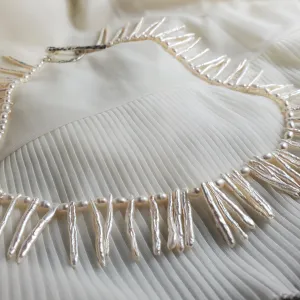 Stick Pearl Freshwater Pearl Necklace, Hand knotted Natural Pearls, Wedding Pearl Necklace.
