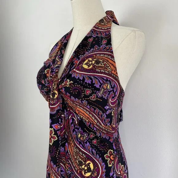 Tiana B Babydoll Halter Maxi Dress Sz S Paisley USA V-Neck Retro Groovy Ruched