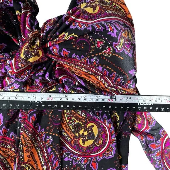 Tiana B Babydoll Halter Maxi Dress Sz S Paisley USA V-Neck Retro Groovy Ruched