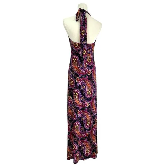 Tiana B Babydoll Halter Maxi Dress Sz S Paisley USA V-Neck Retro Groovy Ruched