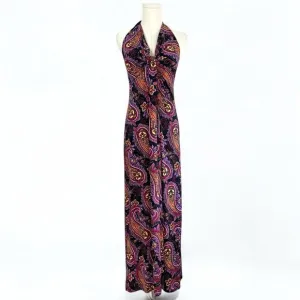 Tiana B Babydoll Halter Maxi Dress Sz S Paisley USA V-Neck Retro Groovy Ruched