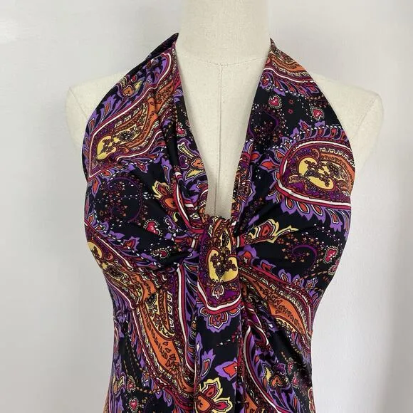 Tiana B Babydoll Halter Maxi Dress Sz S Paisley USA V-Neck Retro Groovy Ruched