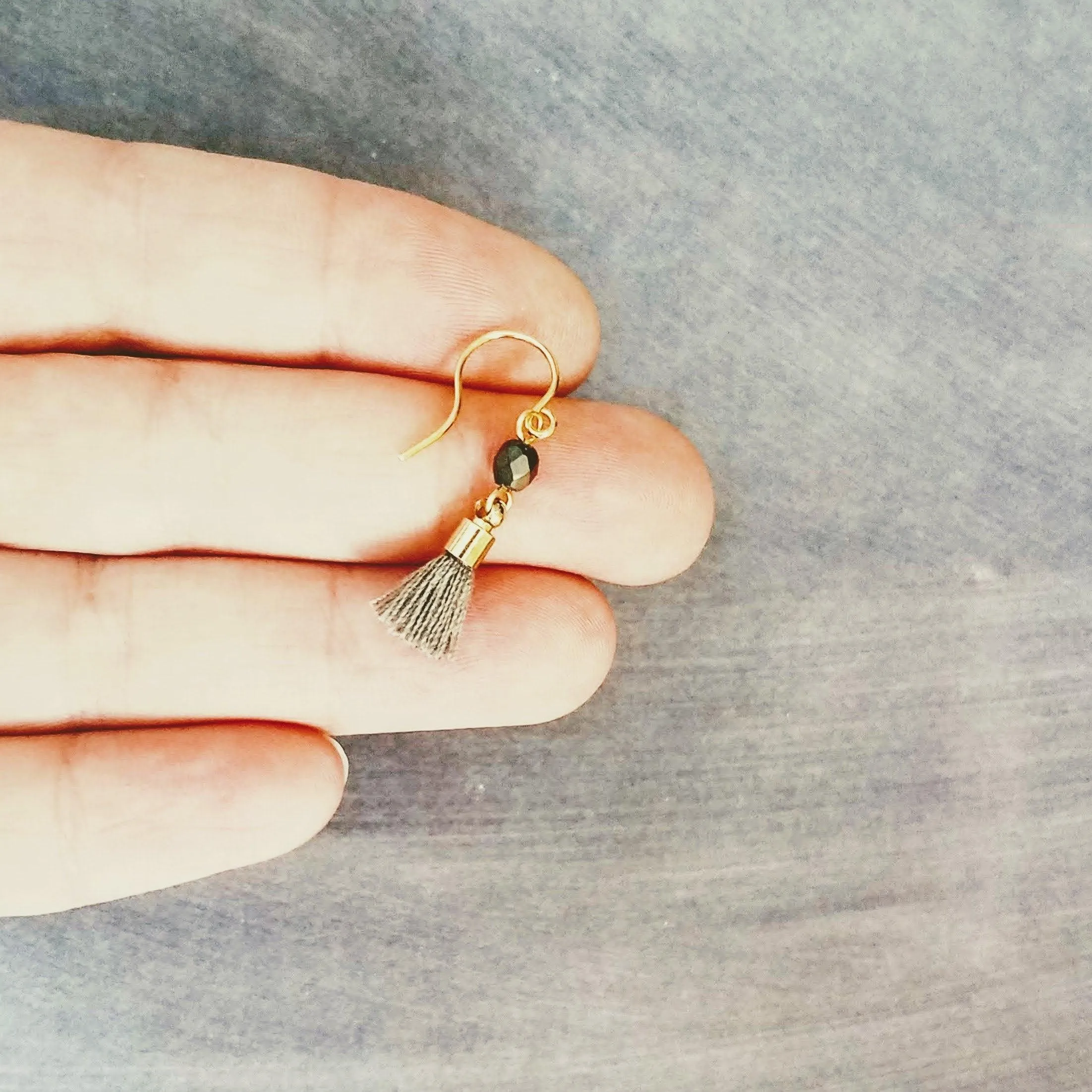 Tiny Tassel Earrings, little grey tassels, facet cut glass bead, small thread fringe, 14K SOLID GOLD HOOK OPTION, grey gold dangles