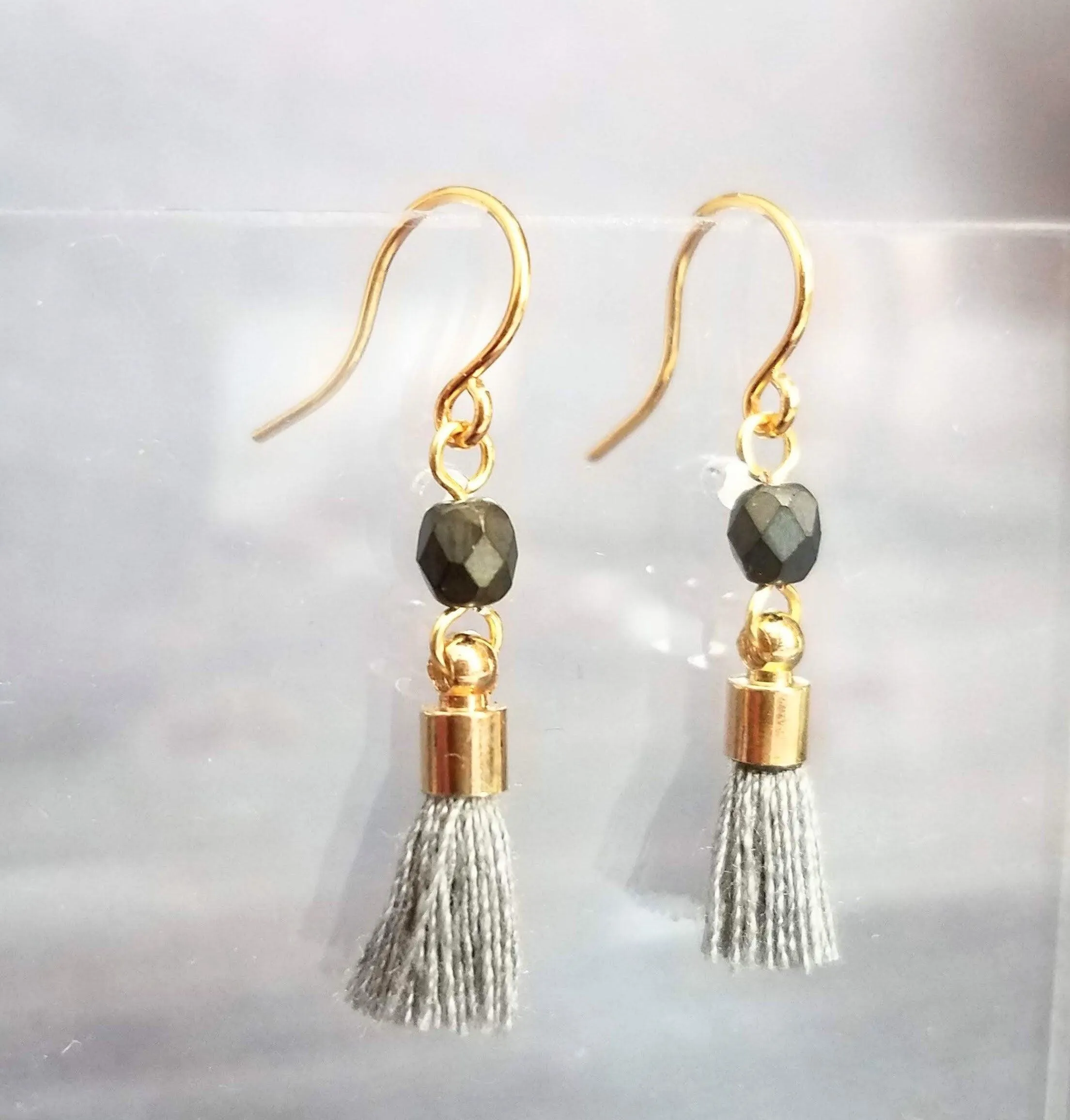 Tiny Tassel Earrings, little grey tassels, facet cut glass bead, small thread fringe, 14K SOLID GOLD HOOK OPTION, grey gold dangles