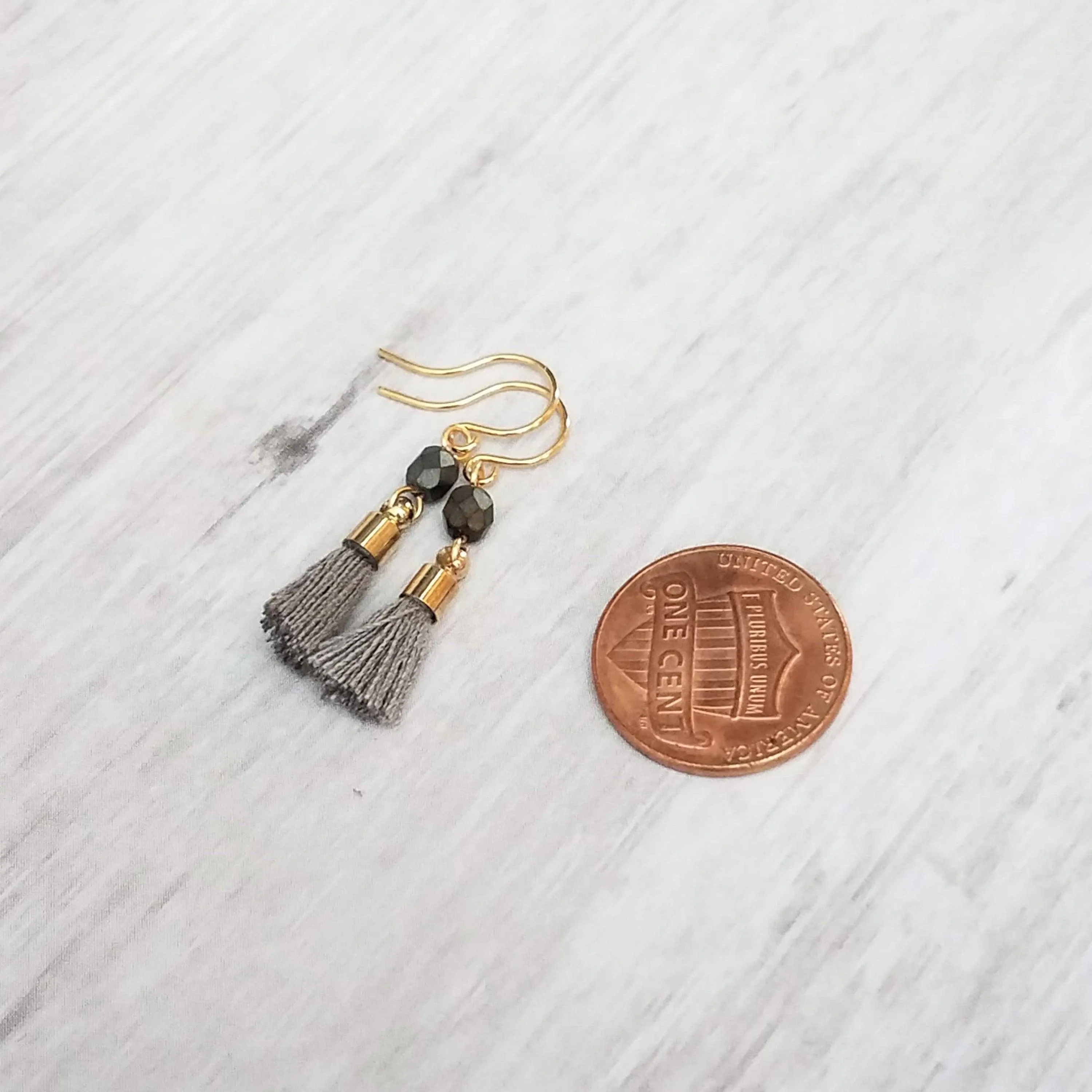 Tiny Tassel Earrings, little grey tassels, facet cut glass bead, small thread fringe, 14K SOLID GOLD HOOK OPTION, grey gold dangles