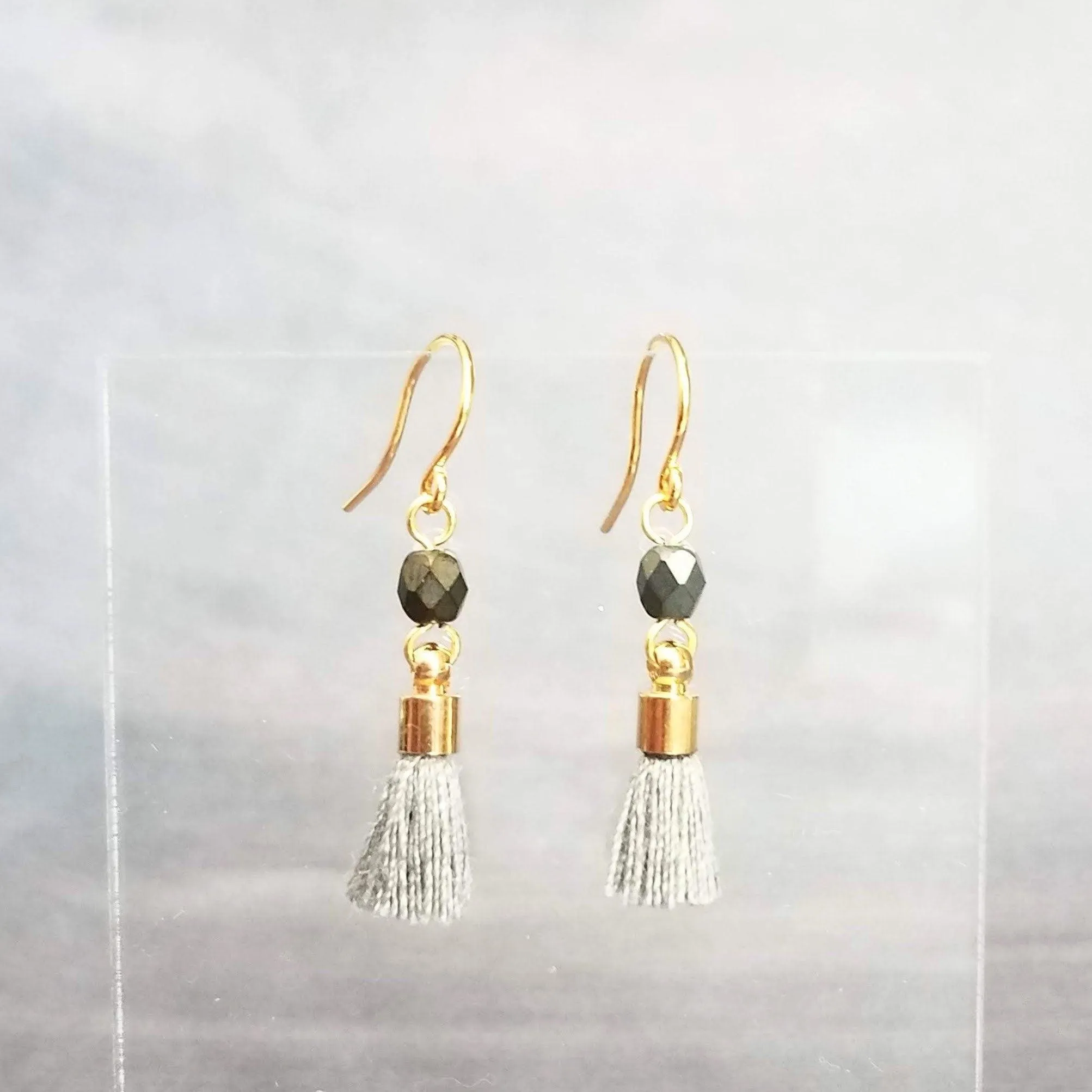 Tiny Tassel Earrings, little grey tassels, facet cut glass bead, small thread fringe, 14K SOLID GOLD HOOK OPTION, grey gold dangles
