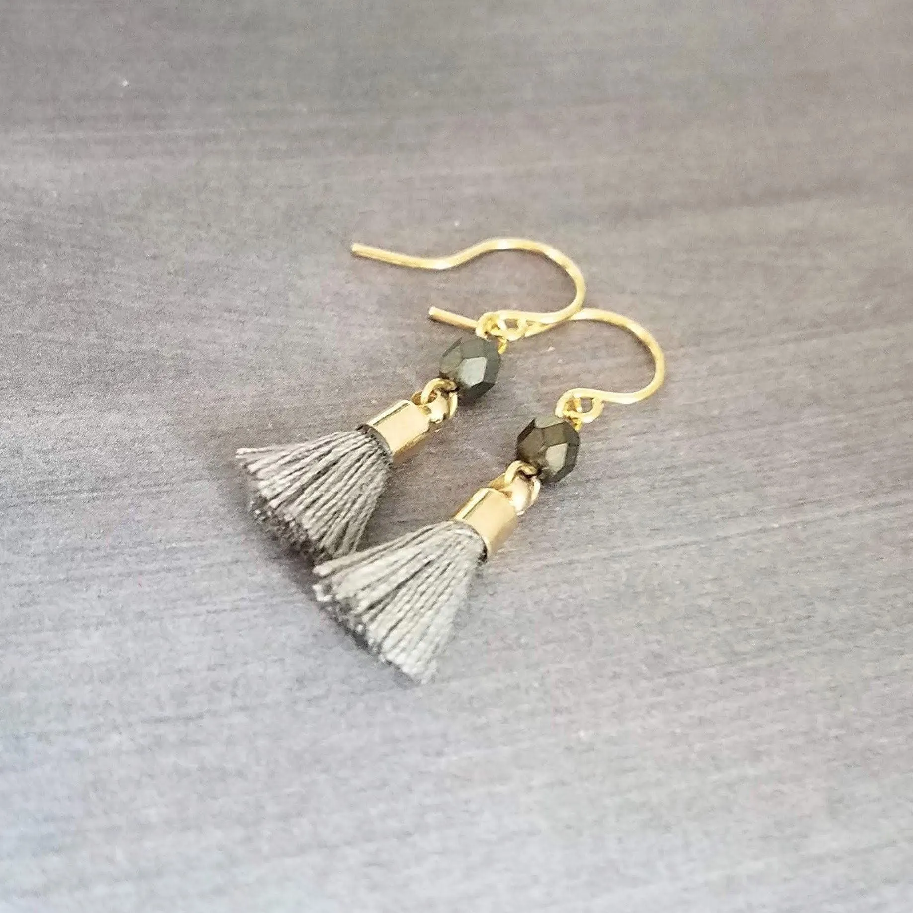 Tiny Tassel Earrings, little grey tassels, facet cut glass bead, small thread fringe, 14K SOLID GOLD HOOK OPTION, grey gold dangles