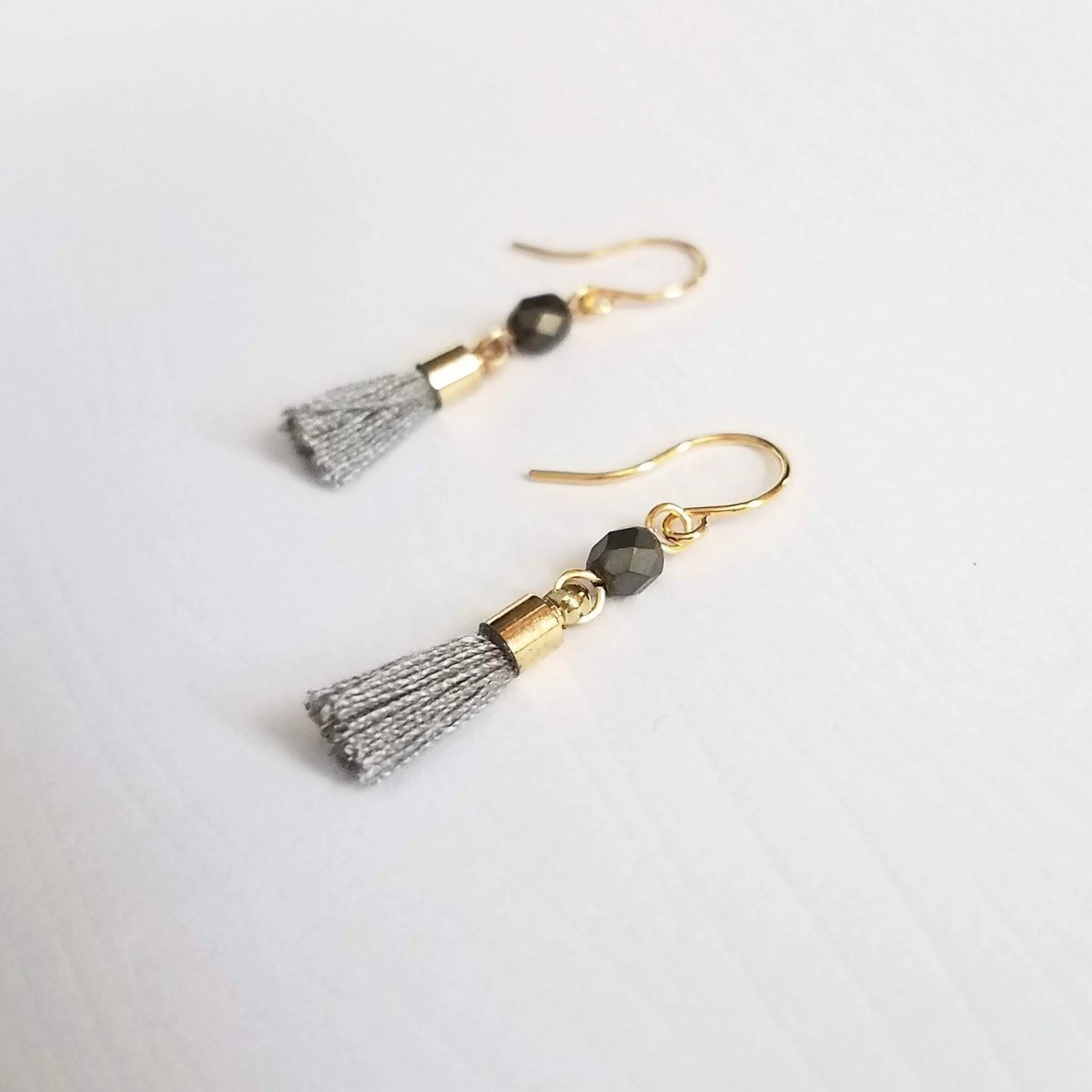 Tiny Tassel Earrings, little grey tassels, facet cut glass bead, small thread fringe, 14K SOLID GOLD HOOK OPTION, grey gold dangles