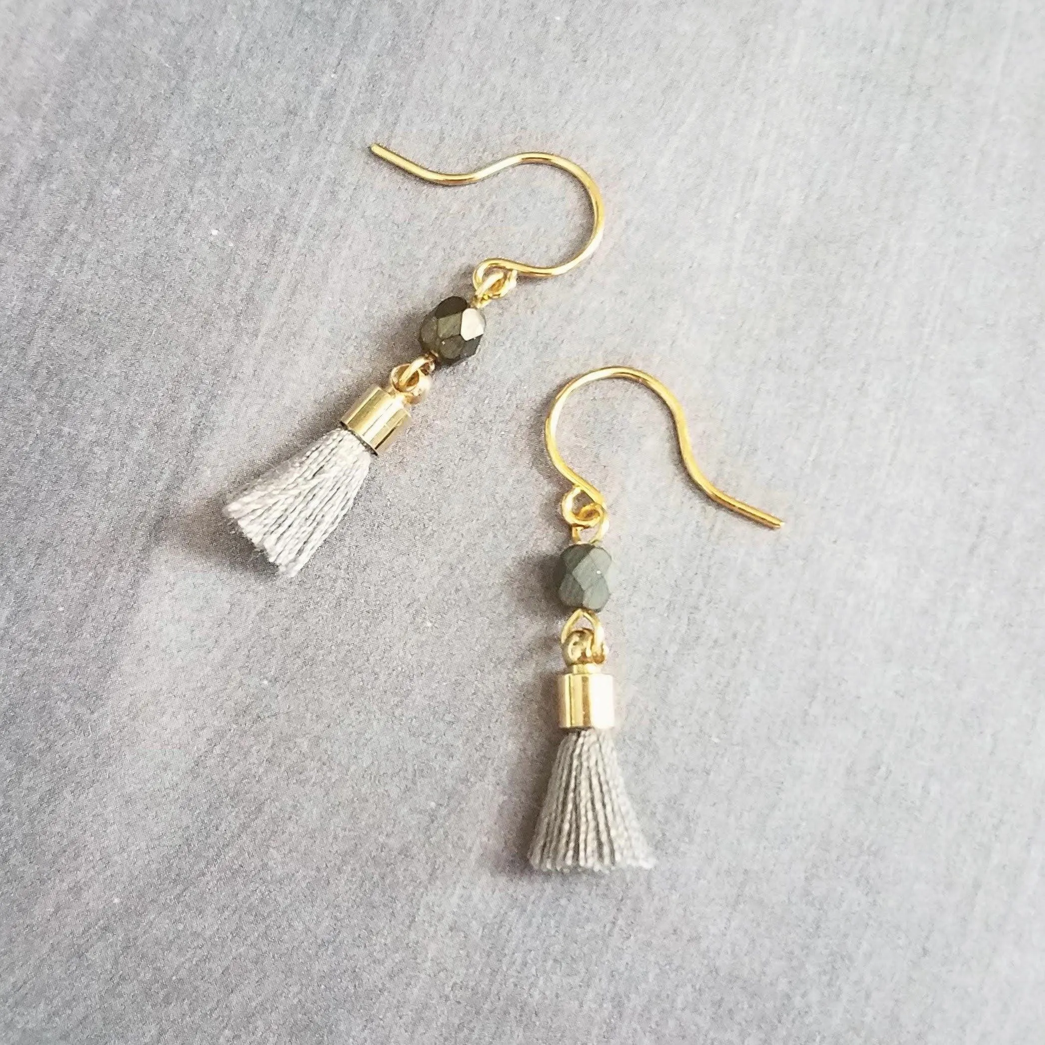 Tiny Tassel Earrings, little grey tassels, facet cut glass bead, small thread fringe, 14K SOLID GOLD HOOK OPTION, grey gold dangles
