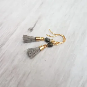 Tiny Tassel Earrings, little grey tassels, facet cut glass bead, small thread fringe, 14K SOLID GOLD HOOK OPTION, grey gold dangles