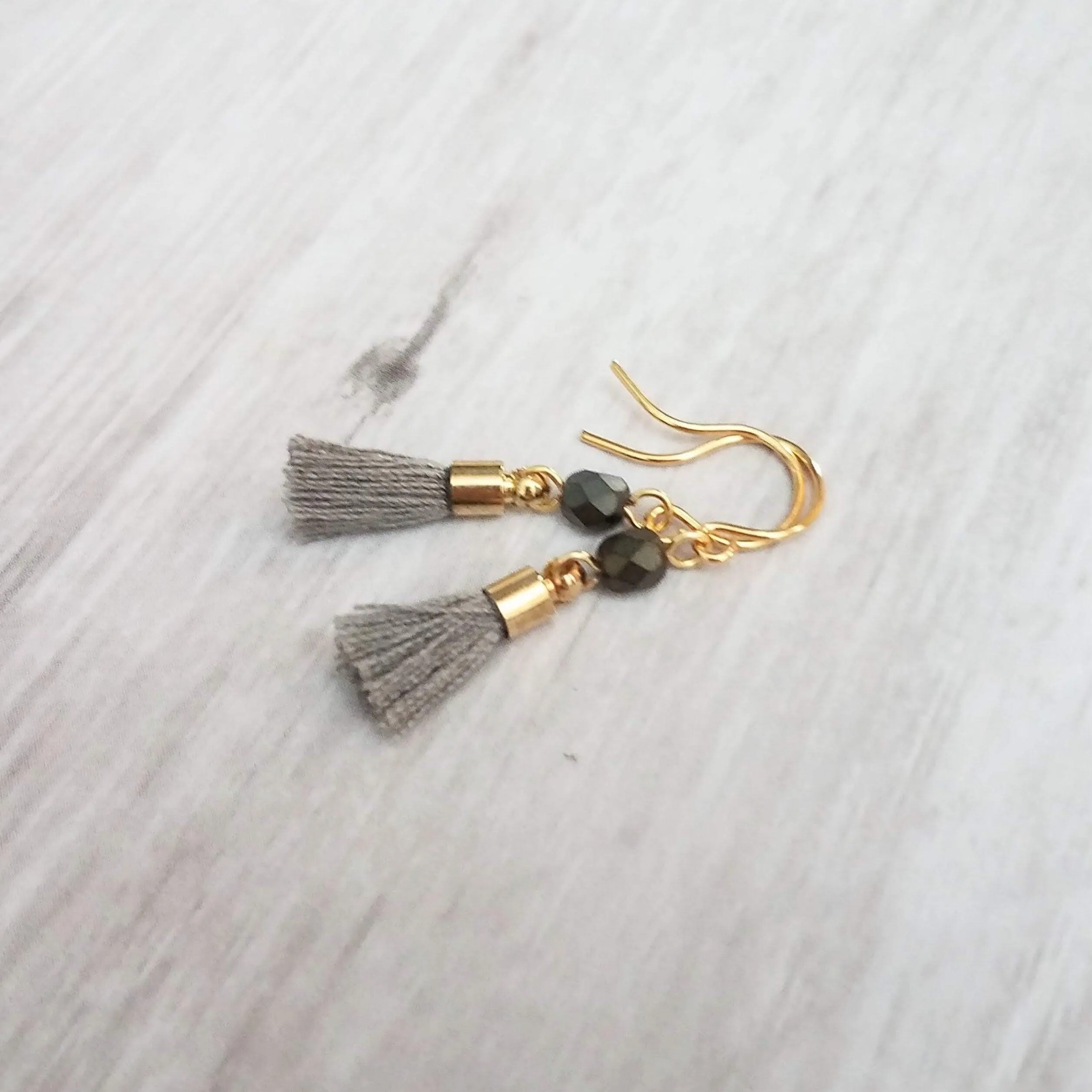 Tiny Tassel Earrings, little grey tassels, facet cut glass bead, small thread fringe, 14K SOLID GOLD HOOK OPTION, grey gold dangles