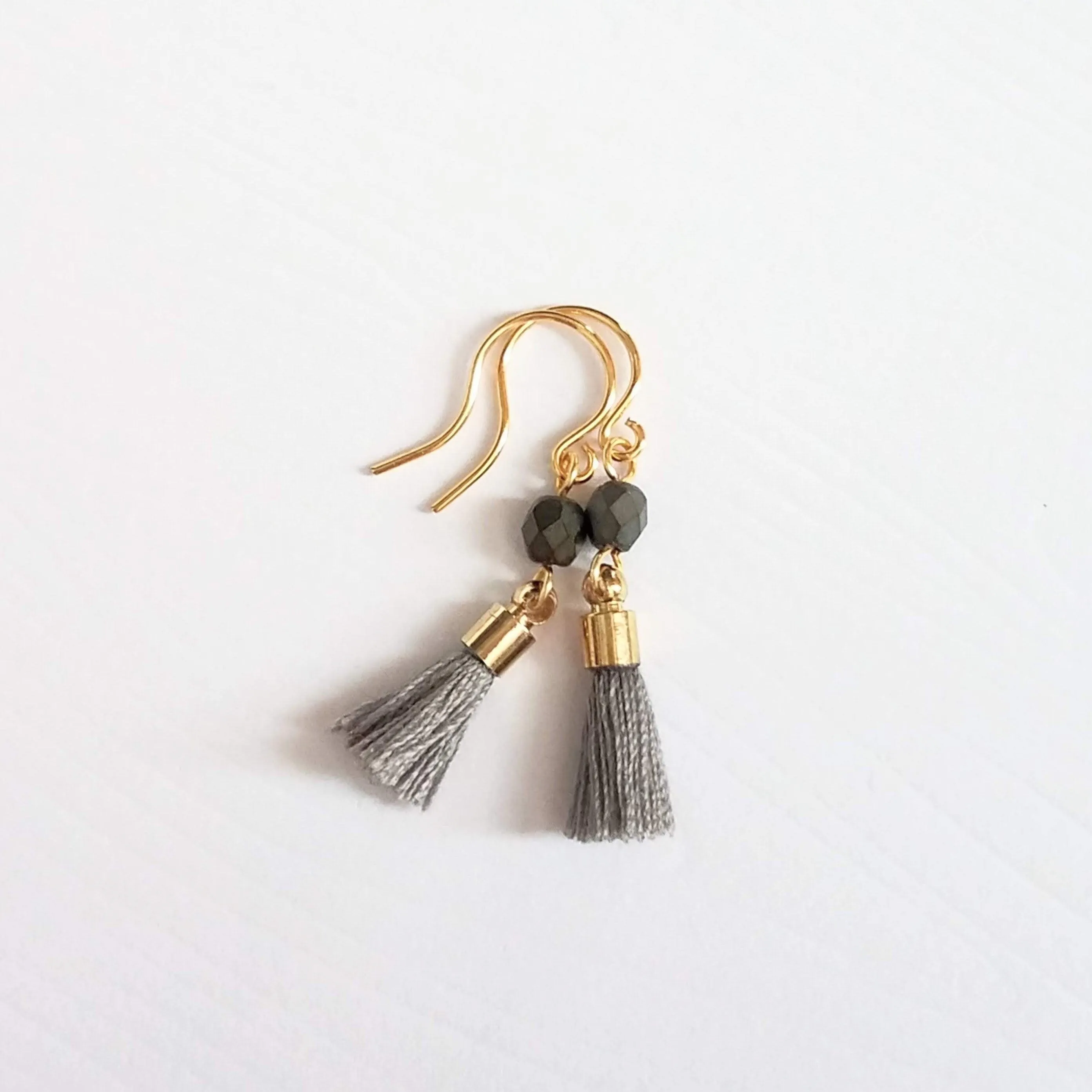 Tiny Tassel Earrings, little grey tassels, facet cut glass bead, small thread fringe, 14K SOLID GOLD HOOK OPTION, grey gold dangles