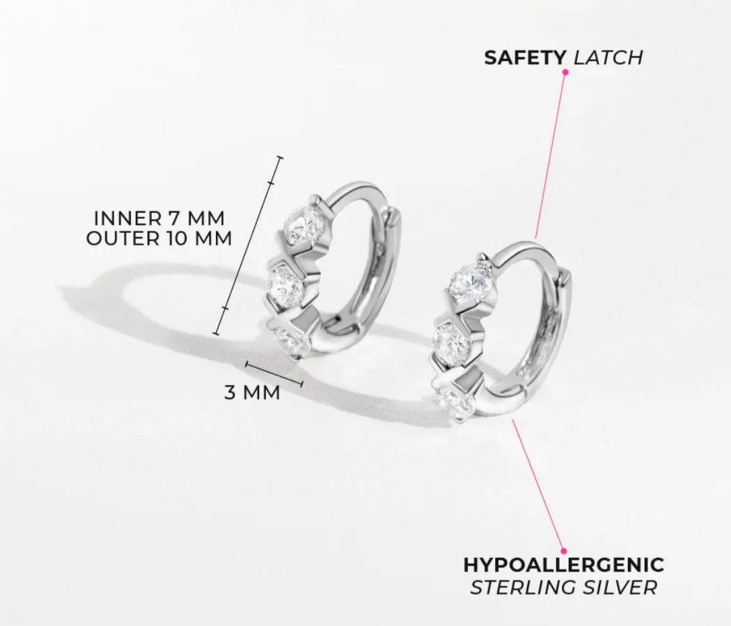 Toddlers and Children's Earrings:  Sterling Silver XOX CZ Huggies 10mm External, 7mm Internal Diameter