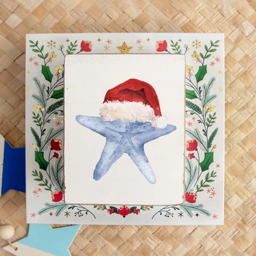 Watercolor Santa Starfish Decorative Wooden Block