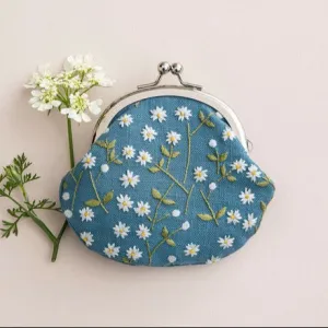 White Flowers Gamaguchi Pouch Embroidery Kit, 4x4"