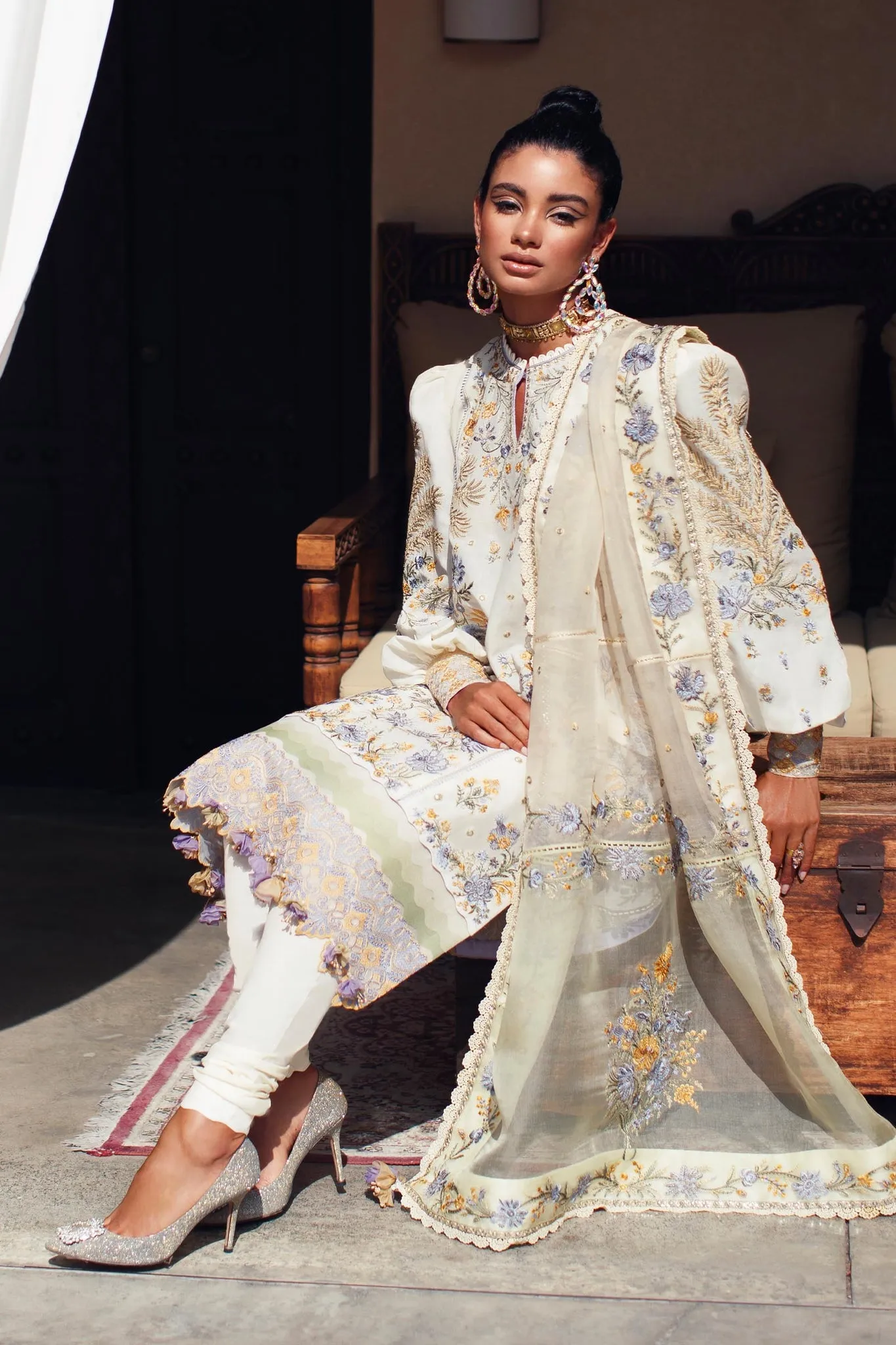 White Lawn Frock with Churidar Pakistani Eid Dress