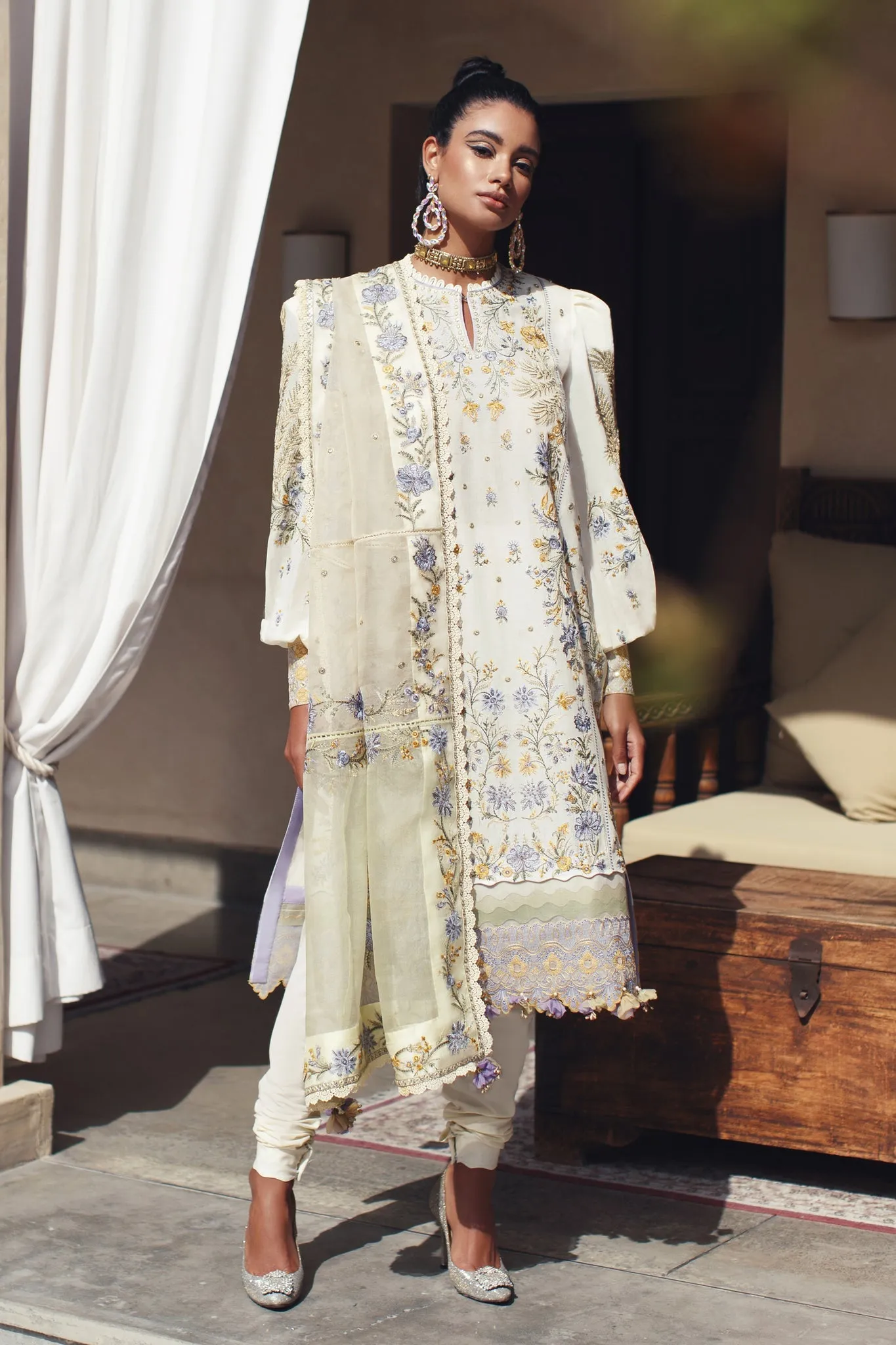 White Lawn Frock with Churidar Pakistani Eid Dress
