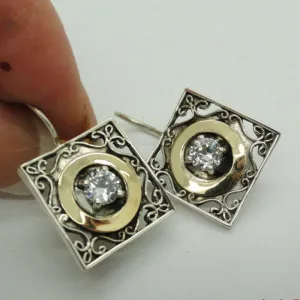Zircon Earrings Sterling Silver 9K gold Handmade Hadar Designers (S 110)